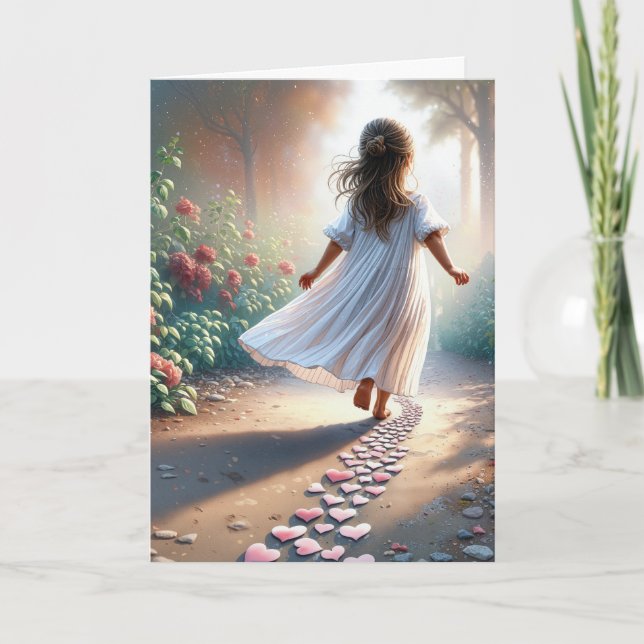 Little Girl Running Down a Pink Heart Path Card (Front)