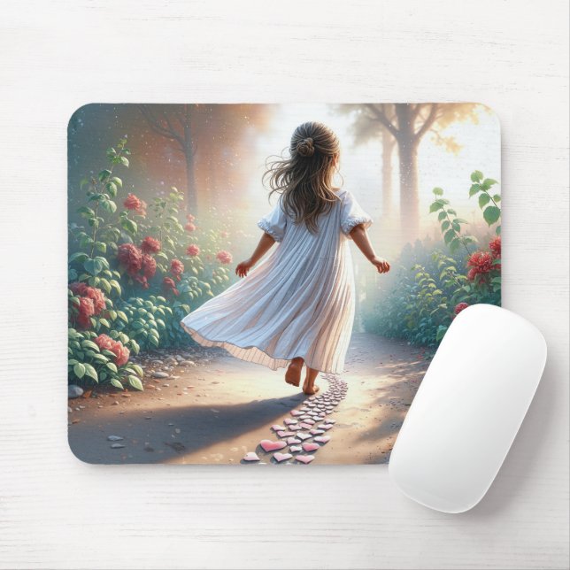 Little Girl Running On a Heart Path Mouse Mat (With Mouse)