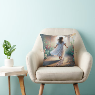 Little Girl Running On a Pink Heart Path Cushion