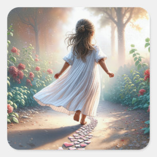Little Girl Running On a Pink Heart Path Square Sticker