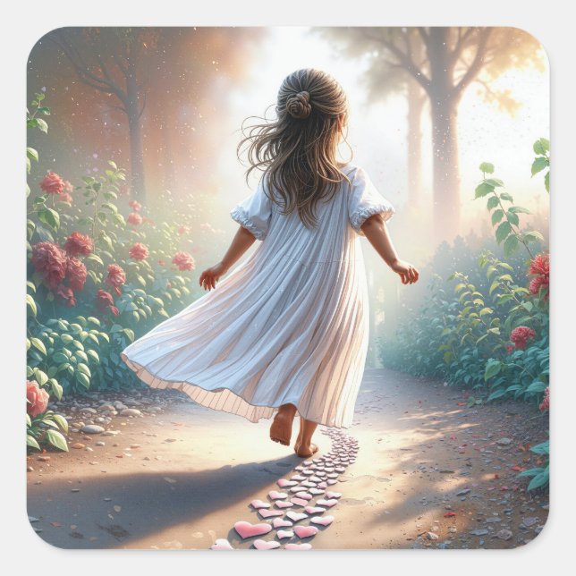 Little Girl Running On a Pink Heart Path Square Sticker (Front)