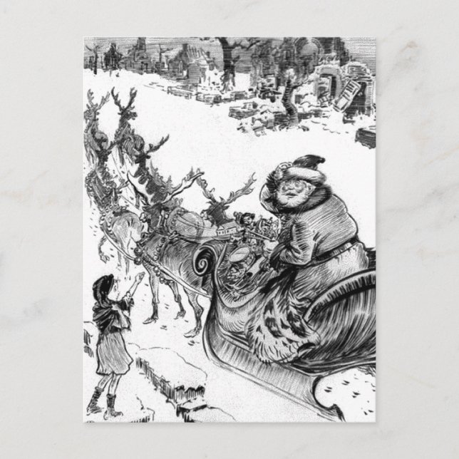 Little girl, Santa Claus reindeer Christmas 1918 Holiday Postcard (Front)