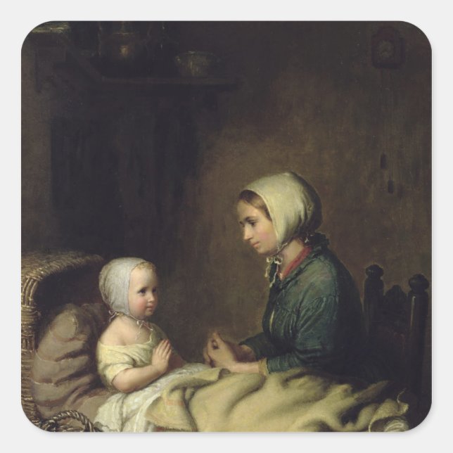 Little Girl Saying Her Prayers in Bed Square Sticker (Front)