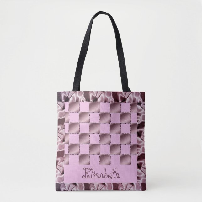 Little Girl Silk Pink Purple Square Pattern Quilt Tote Bag (Front)