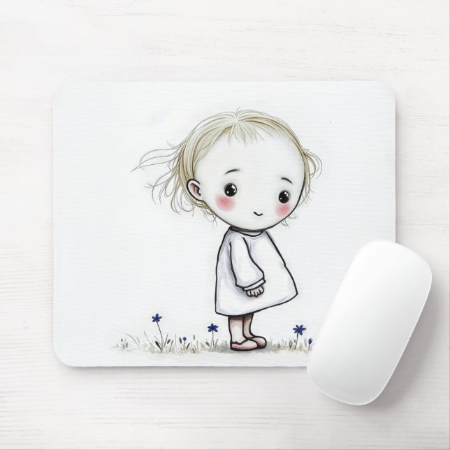 Little Girl Sketch With Wildflowers Mouse Mat (With Mouse)