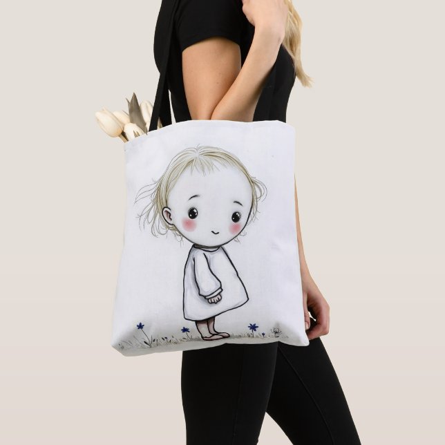 Little Girl Sketch With Wildflowers Tote Bag (Close Up)