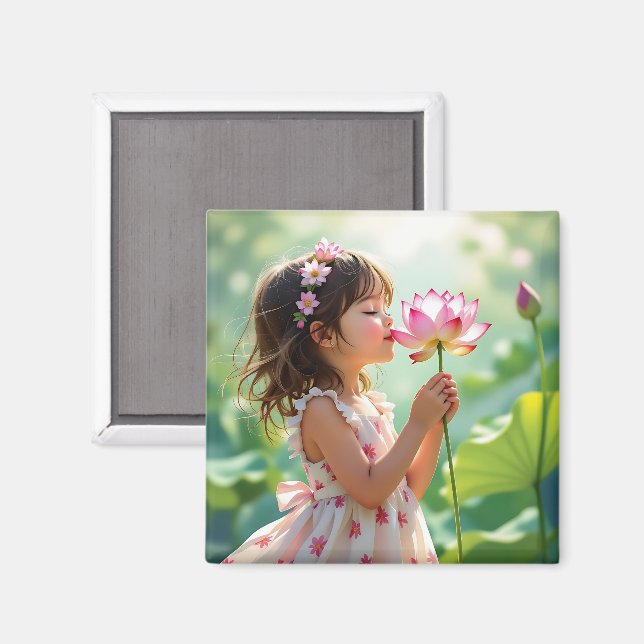 Little Girl Smelling a Pink Rose Personalised Magnet (Front/Back)