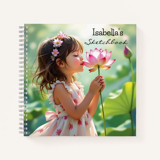Little Girl Smelling a Pink Rose Personalised Notebook (Front)