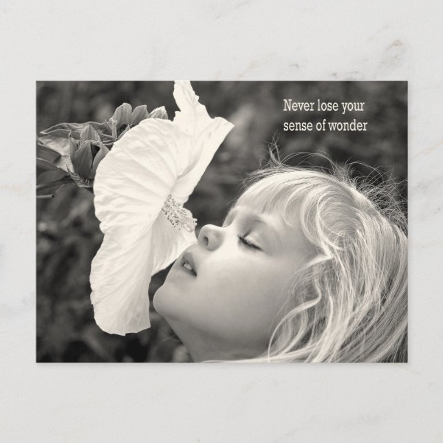 little girl sniffing hibiscus holiday postcard (Front)