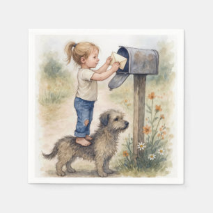 Little Girl Standing On a Dog To Mail a Letter Napkin