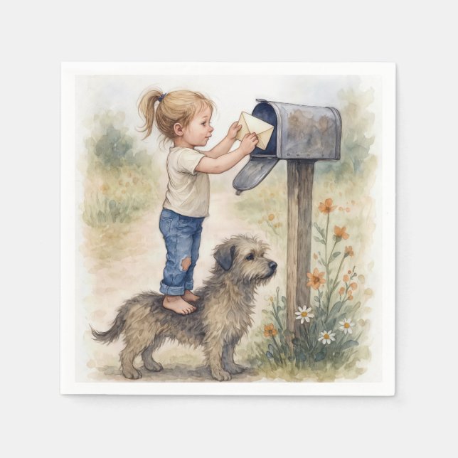 Little Girl Standing On a Dog To Mail a Letter Napkin (Front)