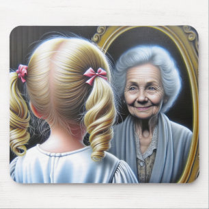 Little Girl Staring at Old Lady In Mirror Mouse Mat