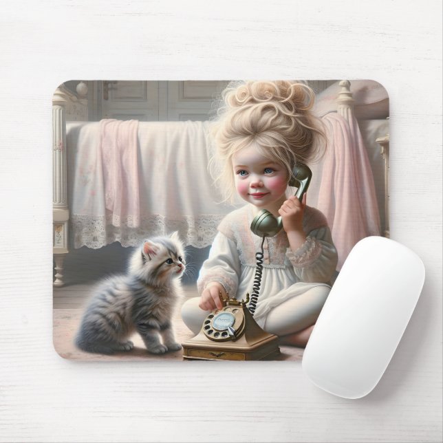 Little Girl Talking On A Telephone Mouse Mat (With Mouse)
