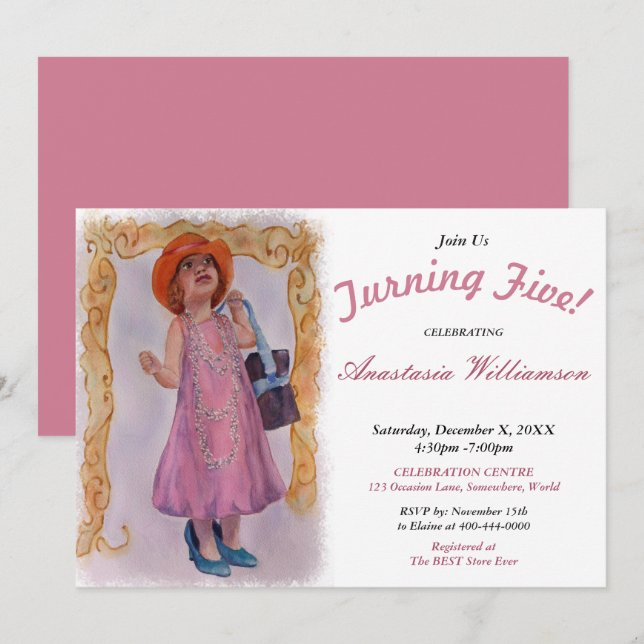 LITTLE GIRL TURNING 5 ALL DRESSED PARTY INVITATION (Front/Back)