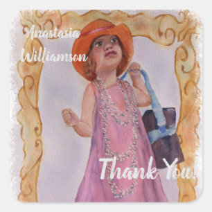 LITTLE GIRL TURNING 5 ALL DRESSED UP THANK YOU SQUARE STICKER