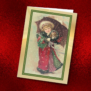 Little Girl Umbrella and Puppy Vintage Christmas Card