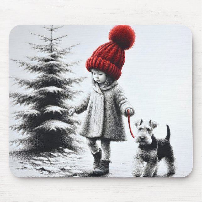 Little Girl Walking a Welsh Terrier Mouse Mat (Front)