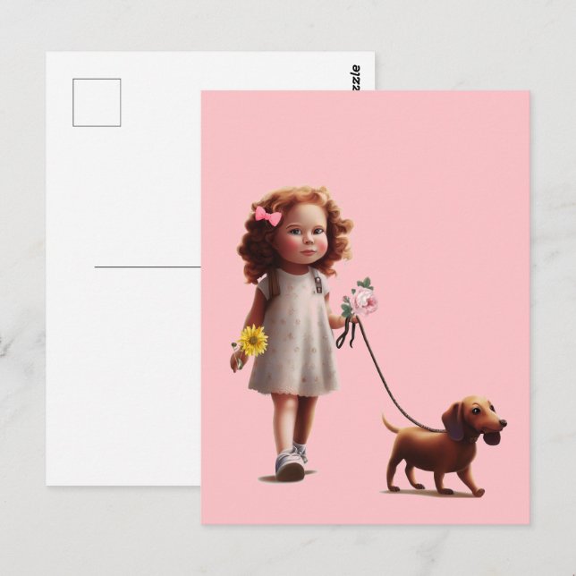 Little Girl Walking Dachshund  Postcard (Front/Back)