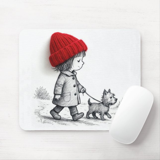 Little Girl Walking Her Dog Mouse Mat (With Mouse)