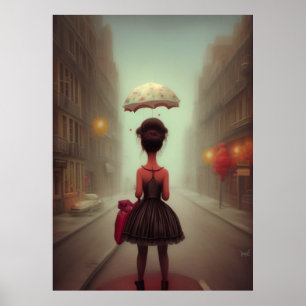 Little girl walking home from school umbrella poster