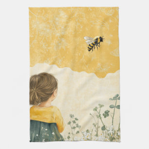 Little Girl Watching a Bumblebee Tea Towel
