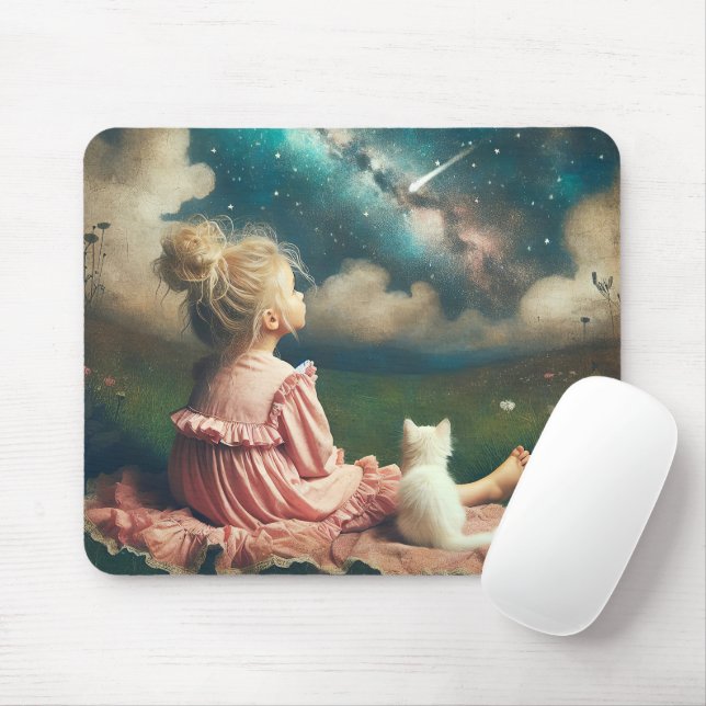 Little Girl Watching a Shooting Star Mouse Mat (With Mouse)
