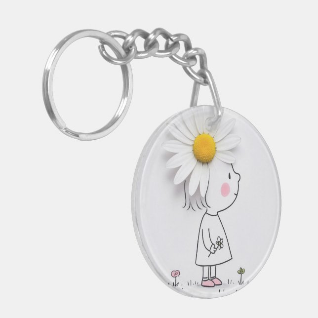 Little Girl Wearing a White Daisy On Her Head Key Ring (Front Left)