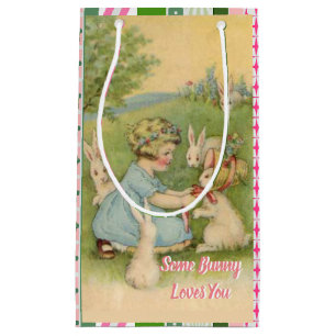 Little Girl, White Bunnies, Pink and Green Easter  Small Gift Bag