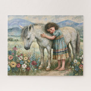 Little Girl White Pony Wildflowers Meadow Jigsaw Puzzle