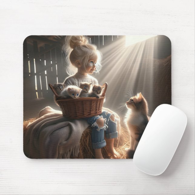 Little Girl With A Basket Of Kittens Mouse Mat (With Mouse)