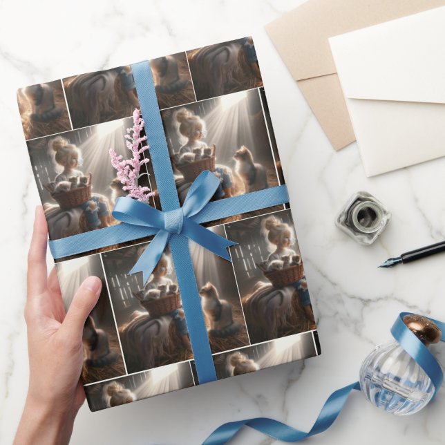 Little Girl With A Basket Of Kittens Wrapping Paper (Gifting)
