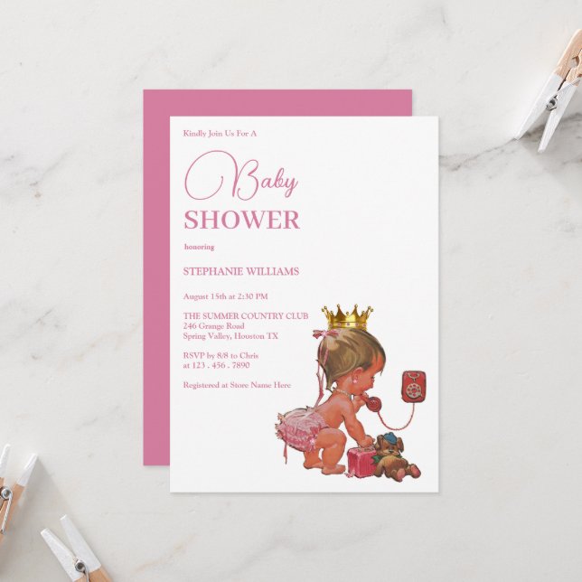 Little Girl With A Crown Baby Shower Invitation (Front/Back In Situ)