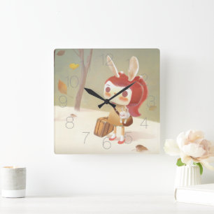 Little Girl with A Suitcase Lost in The Forest Square Wall Clock