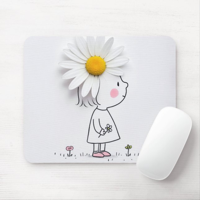 Little Girl With a White Daisy Mouse Mat (With Mouse)