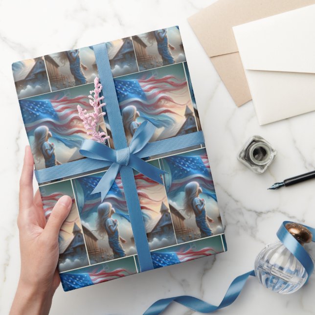 Little Girl With American Flag Wrapping Paper (Gifting)