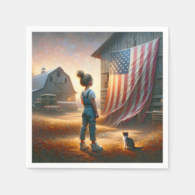 Little Girl With An American Flag On a Barn Napkin (Front)