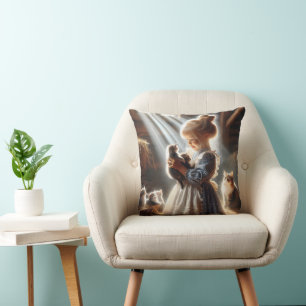 Little Girl With Barn Kittens Cushion