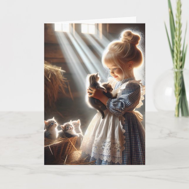 Little Girl With Barn Kittens for Birthday  Card (Front)