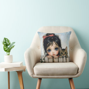 Little Girl with Big Eyes and Pet Cat Cushion