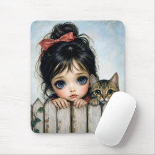 Little Girl with Big Eyes and Pet Cat Mouse Mat