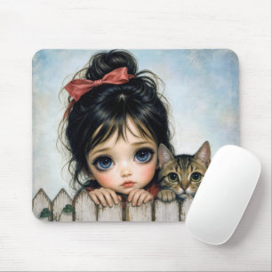 Little Girl with Big Eyes and Pet Cat Mouse Mat