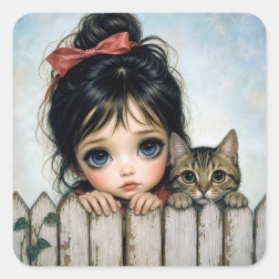 Little Girl with Big Eyes and Pet Cat Square Sticker
