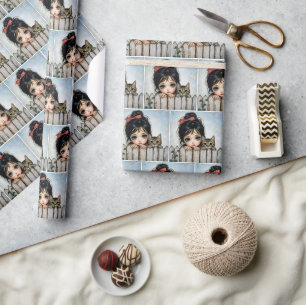 Little Girl with Big Eyes and Pet Cat Wrapping Paper
