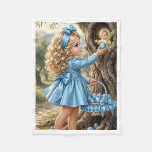 Little Girl with Blue Dress and Easter Eggs Blanke Fleece Blanket