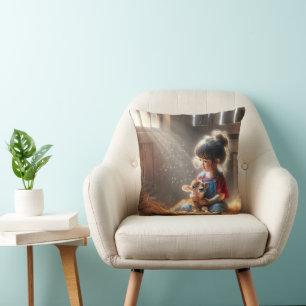 Little Girl With Calf In Sunbeams Cushion