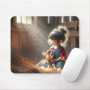 Little Girl With Calf In Sunbeams Mouse Mat