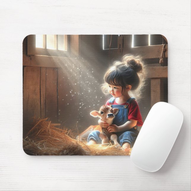 Little Girl With Calf In Sunbeams Mouse Mat (With Mouse)