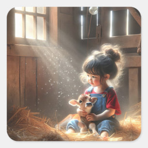 Little Girl With Calf In Sunbeams Square Sticker