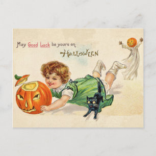 Little girl with carved pumpkin and black cat postcard