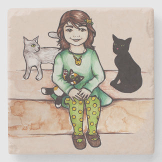 Little girl with cats stone coaster